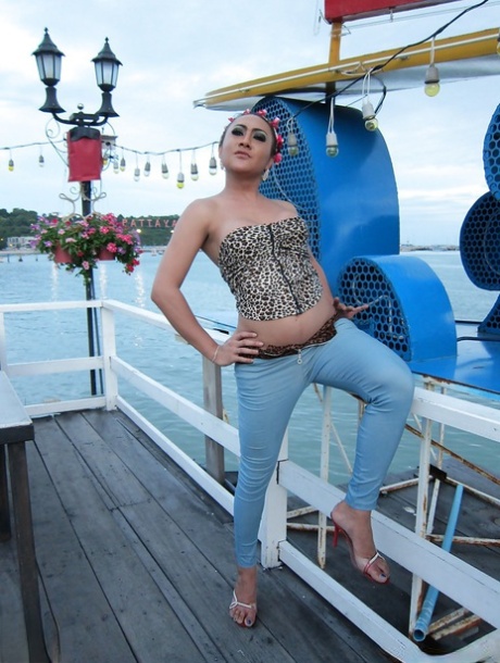 Big tit Asian tranny spreading her nasty ass and posing outdoors