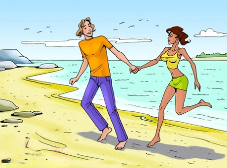Anime ebony shemale screws a blonde boy she met at the bar on the beach