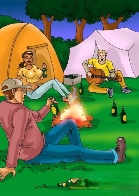 Big titted anime shemale gets spit roasted by two dudes at the campground