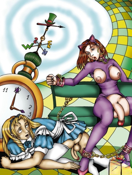 Cartoon man in an Alice outfit fucks a curvaceous shemale in Wonderland