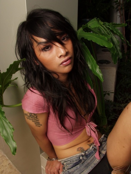 Brunette Thai shemale Anita 2 shows off her hairy cock in a short denim skirt