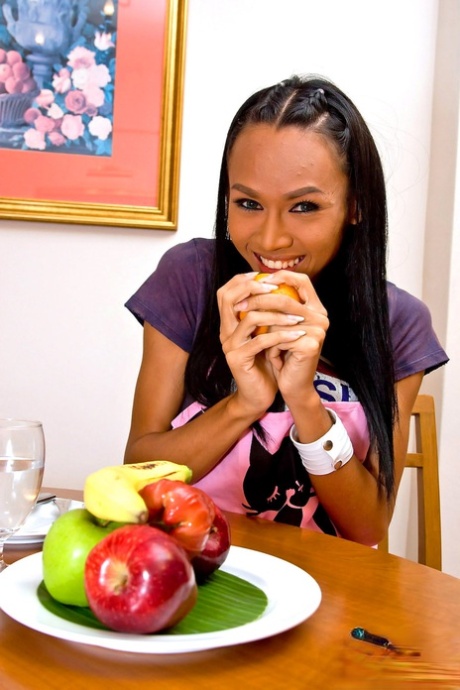 Transsexual housewife Mint fucking a banana and donut in the kitchen