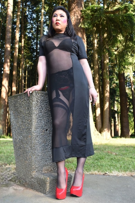 Naughty shemale teases in see-through dresses & high heels outdoors