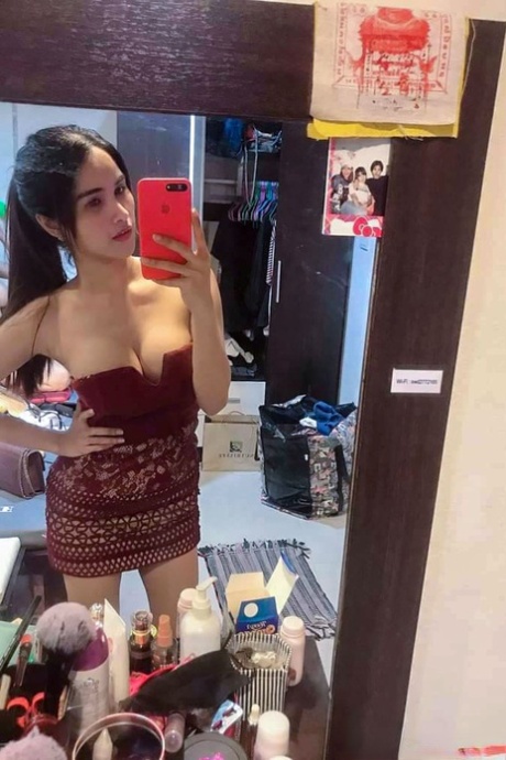 Pretty Asian babe flashes her gorgeous tits while taking selfies