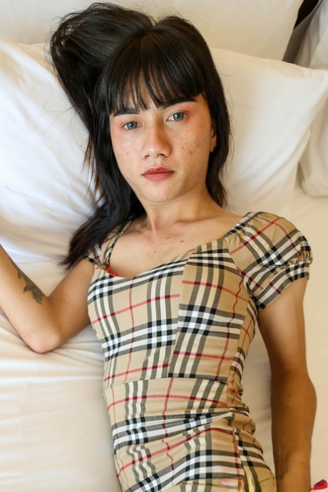 Pretty shemale shows her skinny body in panties & gives a POV blowjob
