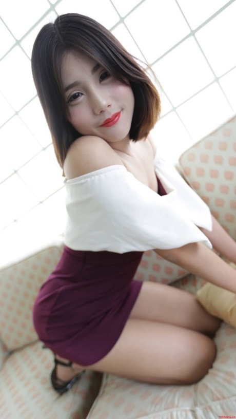 Brunette Asian shemale exposes her tiny tits and poses in undies